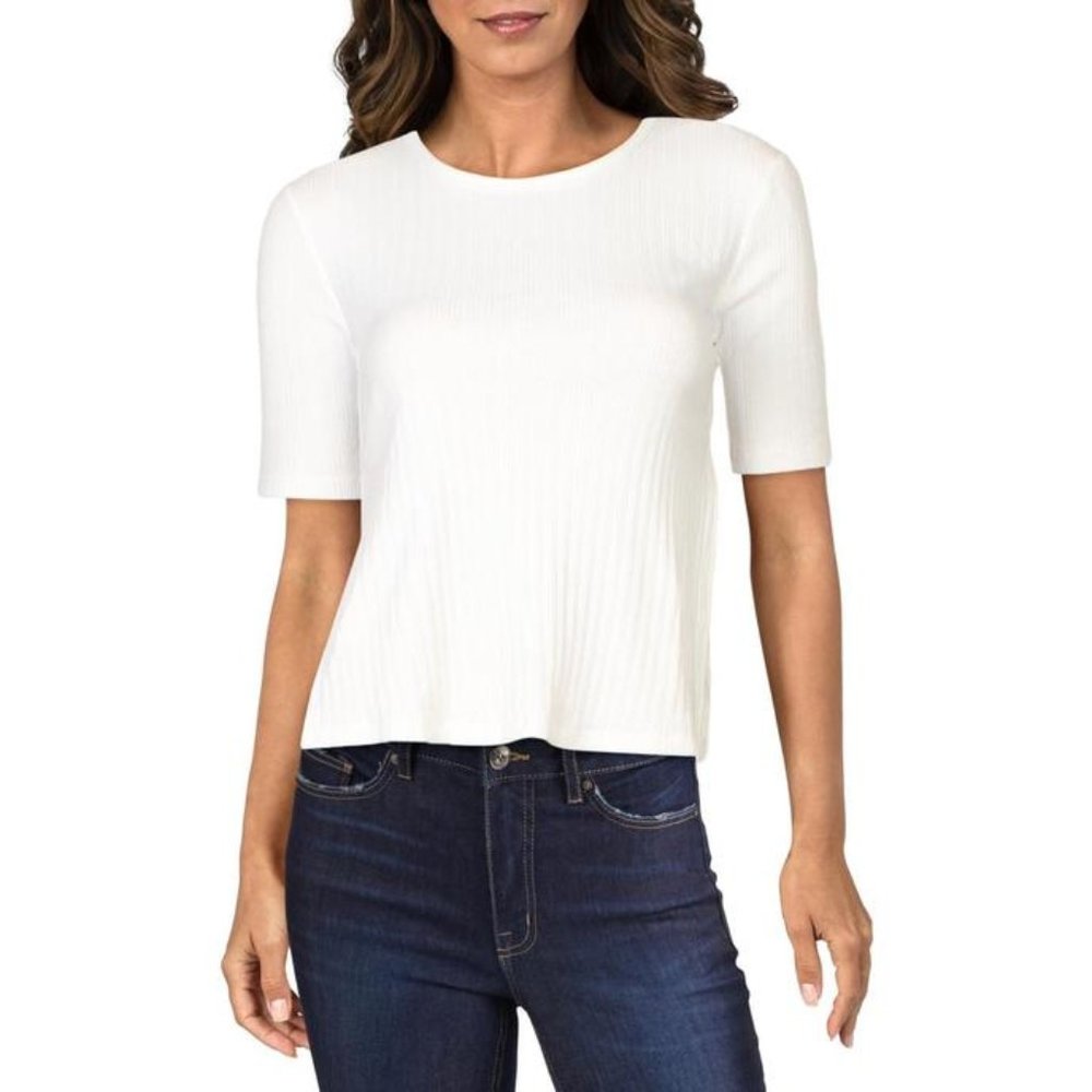 3x1 NWT Women's White Cotton Blend SASHA Side Slit Ribbed Top, Size Large